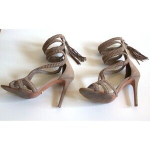 Schutz Size 9 Neutral Toupe Leather Braided Strappy Sandals Designer Stiletto